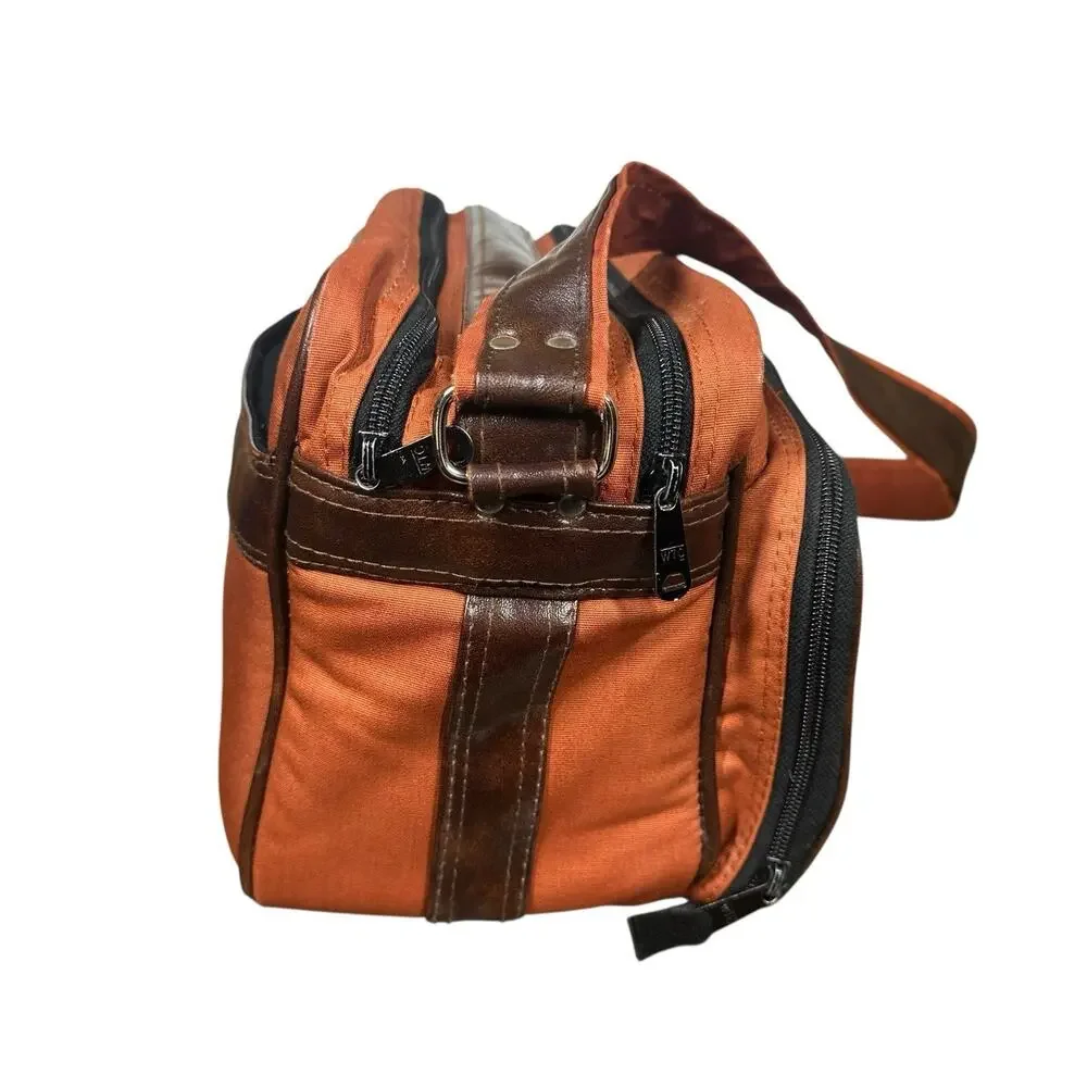 Vtg Camera Bag Orangish Brown Canvas Faux Leather Trim Padded Case Strap 12x7.5